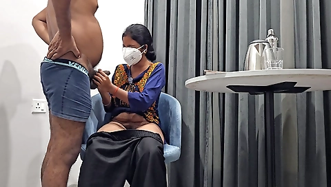 Brunette girl with round ass and small tits gives a handjob