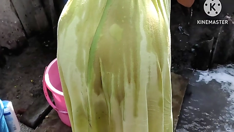 Skinny girl with big ass bathed in water in the shower