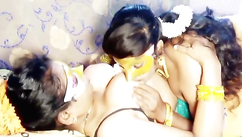 Brunette teen with big boobs and a sexy butt is having threesome