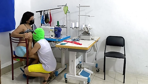 Brunette with a big ass and a big ass tits is telling her employee