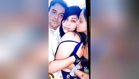 Big boobs brunette in bikini and threesome in webcam