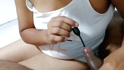 Busty brunette with a sexy body is fucking her man's cock